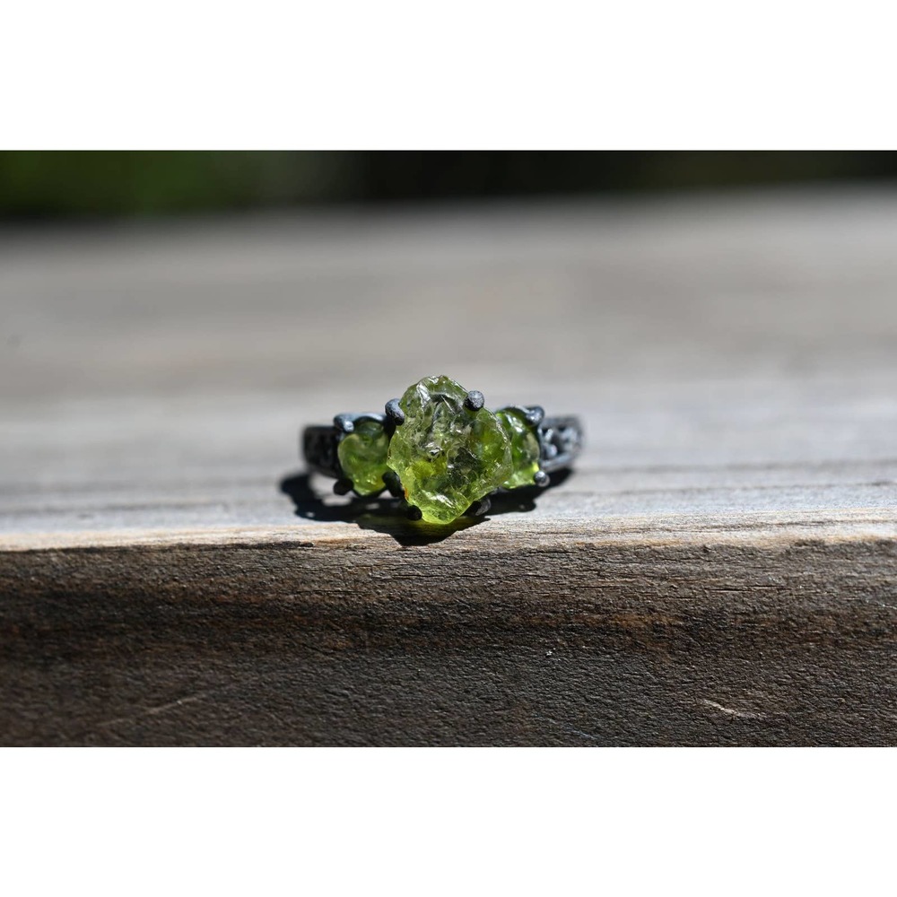 Triple Raw Peridot Engagement Ring Rough Peridot Wedding Band Uncut Peri…